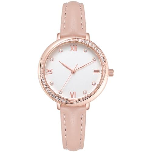 Image of NUOVO Ladies Watches Rose Gold Case Pink Leather Strap Fashion Watches White Face Women Diamond Crystal Bezel Quartz Classic Women Watch