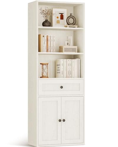 Image of Coleshome 5-Tier Bookcase with Doors and Cabinet, Bookshelf Floor Standing Display Storage Shelf, Tall Bookcase with drawers for Home, Office, Living Room, Bedroom, White, 48 x 24 x 164.2