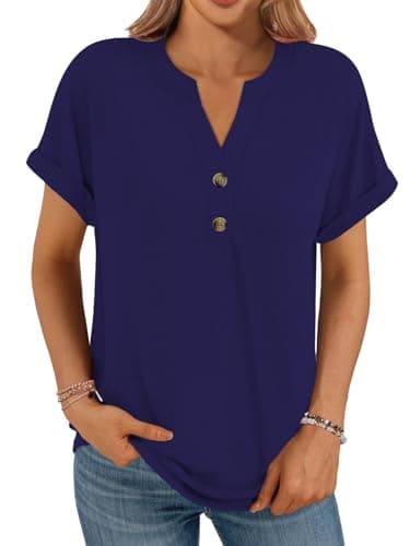 Image of Cuptacc Ladies Tops UK Soft Breathable V Neck Button Casual Stylish Womens Tops Leisure Comfortable T Shirts Lightweight Loose Fit Blouses NavyBlue XL 14