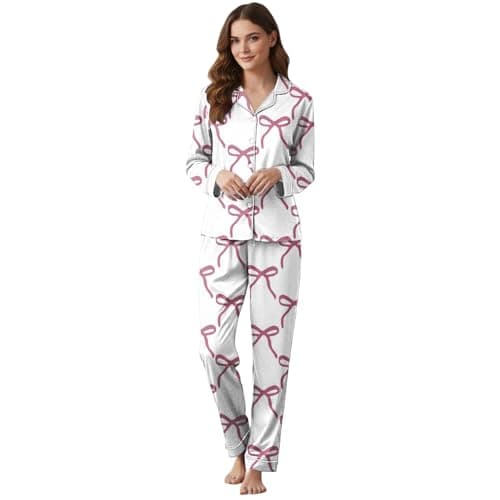 Image of Jbsabotad Cute Bow Print Pyjama Set for Women Long Sleeve Button Top and Full Length Pants Set Ladies Soft Sleepwear Loungewear Nightwear White