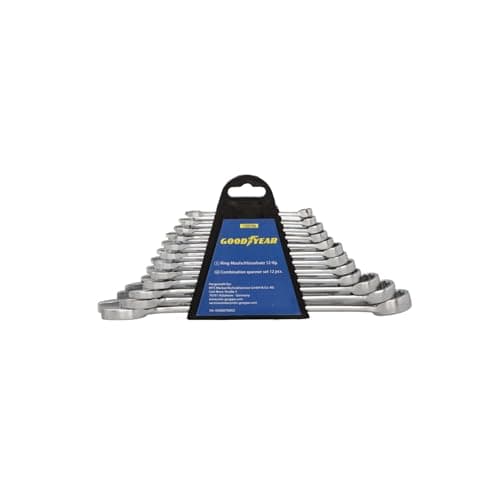 Image of Goodyear Combination Spanner Set 6-22 mm DIN Standard 3113:2007-09 High-Quality Cr-V Steel 15° Angled Ring Heads with Space-Saving Plastic Holder 12-Piece