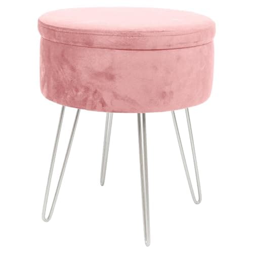 Image of Harbour Housewares Velvet Round Foot Stool with Storage - Pink with Silver Legs - Modern Dressing Table Pouffe Footstool Vanity Seats Vanity Chairs Footstools for Living Room, Bedroom