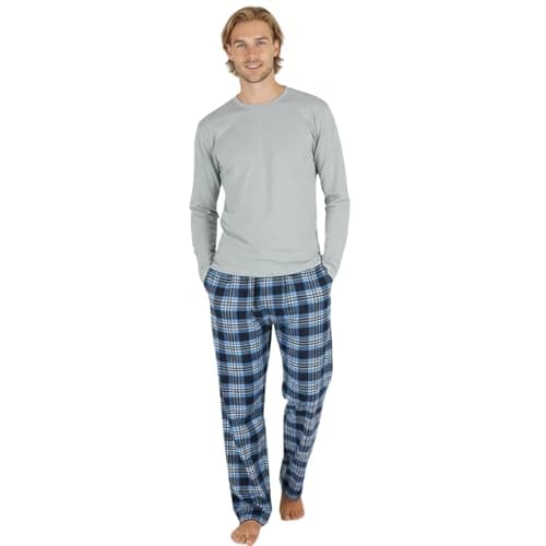 Image of INSIGNIA Mens Jersey Long Sleeve Top With Cotton Flannel Bottoms Pyjamas Sets (UK, Alpha, XXL, Regular, Regular, Grey Marl -Blue Check)