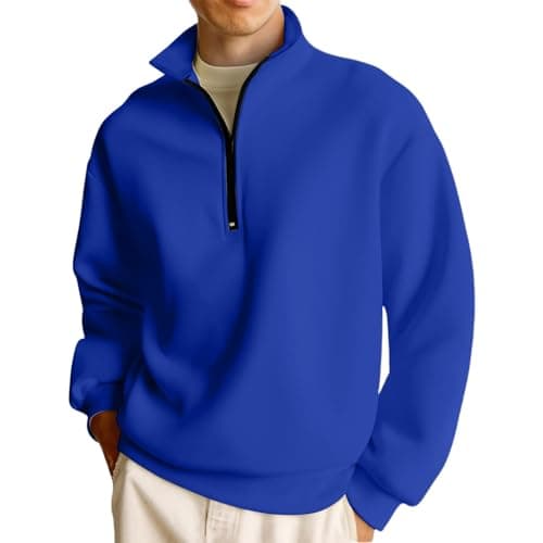 Image of Men's Half Zip Pullover Sweatshirt, Warm Fleece Lined Quarter Zip Jumper with Stand Collar, Casual Long Sleeve Top for Daily & Outdoor Wear Royal Blue