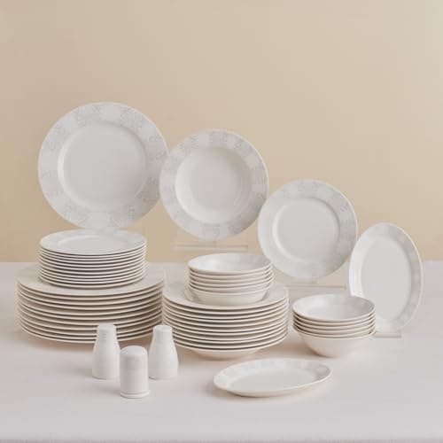 Image of Karaca New Olio White Dinnerware Sets, Modern Kitchen Dinner Set for 12 People, Bone China Plates and Bowls Sets, Durable & Elegant, 53-Piece