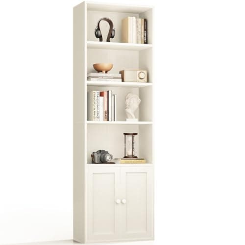 Image of Coleshome 6-Tier Bookcase with Doors and Cabinet, Bookshelf Floor Standing Display Storage Shelf, Bookcases for Home, Office, Living Room, Bedroom, White, 48 x 24 x 176.4