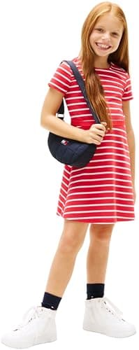 Image of Tommy Hilfiger Girl's Essential Punto Skater Dress Ss KG0KG09149 Dresses, RED (Red Alert/White Stripes), 16 Years