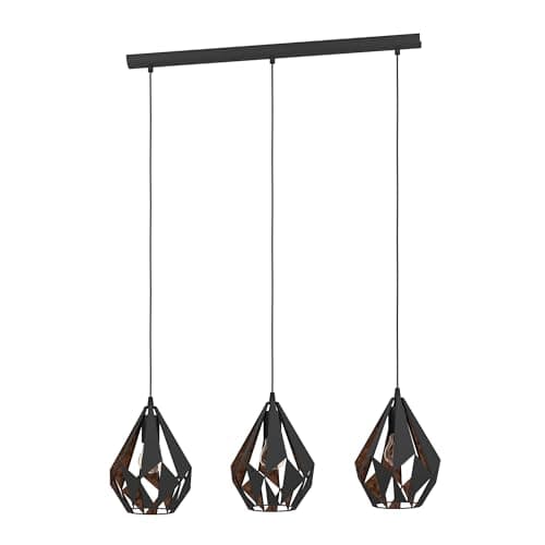 Image of Eglo Carlton 1 Pendant Light, 3-Flame Vintage Ceiling lamp, Retro Steel Hanging Light, Colour: Black, Copper, Socket: E27