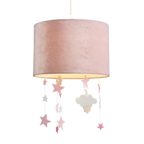 Image of Soft Blush Pink Velvet Pendant Lamp Shade with Hanging Felt Fabric Stars and Clouds | 30cm Diameter | Lovely Addition to Childrens Bedroom by Happy Homewares
