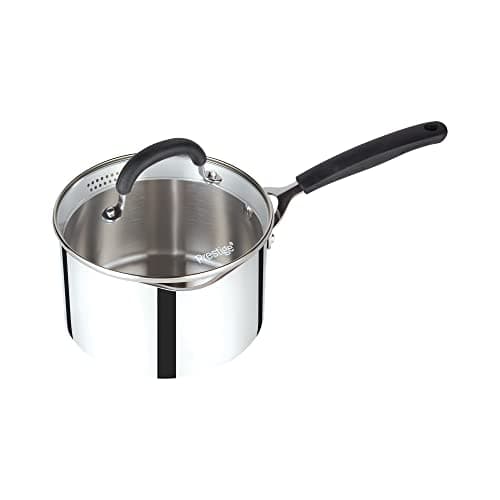 Image of Prestige Made To Last Stainless Steel Saucepan with Lid 20cm - Large saucepan with Straining Lid, Measurement Guide & Easy Grip Silicone Handles, Induction Suitable, Dishwasher Safe Cookware