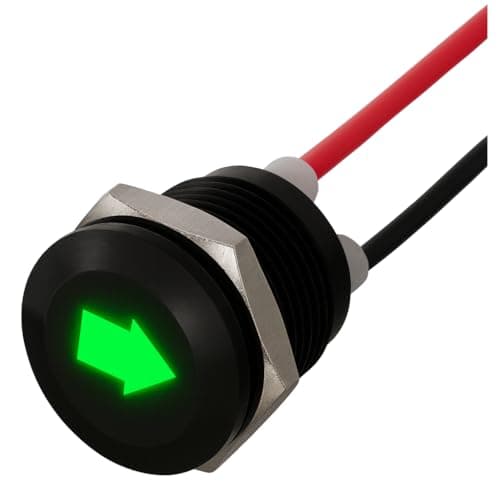 Image of DBG 12mm Screw-Fit LED Warning Light | Panel Mount Indicator w/ Symbols | 12V-24V DC | IP65 Waterproof Signal Lamp for Industrial & Automation Panels (Green | Arrow | 12V | Fly Lead)