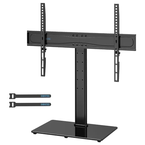 Image of BONTEC Universal Table Top TV Stand, Adjustable for 32-65 inch LCD/LED/Plasma TVs, VESA 600x400mm, Tempered Glass Base, Cable Management, Holds 45 KG, Mobile TV Stand for Living Room, Bedroom