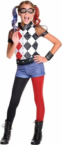Image of Rubies Official DC Super Hero Girl's Deluxe Harley Quinn Costume - Small, Black, Red and Blue Halloween