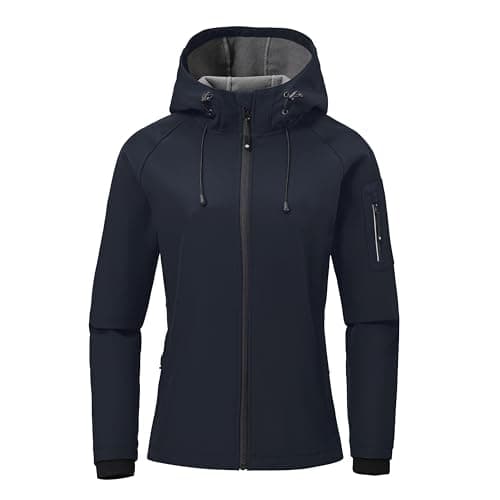 Image of MoFiz Women's Hiking Softshell Jacket Waterproof Windproof Coat Fleece Lined Warm Jacket Outdoor Cycling Jacket with Hood Navy Blue S