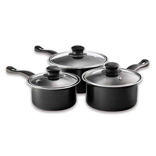 Image of Pendeford Value Plus Saucepan Set 3PC | Carbon Steel Non-Stick with Tempered Glass Lids | 16cm 18cm 20cm | Easy Clean, Lightweight, Dishwasher Safe | Suitable for All Hob Types Except Induction