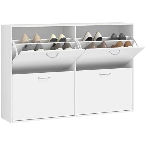 Image of HOMCOM Wooden Modern Design 4 Drawer Shoes Cabinet Pull Down Shelf Storage Organiser Entrance Hallway Furniture - White