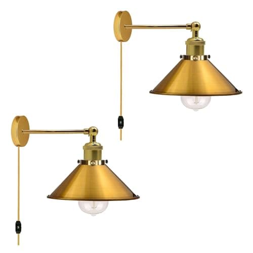 Image of DC VOLTAGE 2 Pack Industrial Dimmable Wall Light Plug in Stepless Dimming Vintage Wall Lamp with Switch, Bedroom Lamps with Dimming Switch Plug, E27 Metal Yellow Brass Wall Sconce for Living Room
