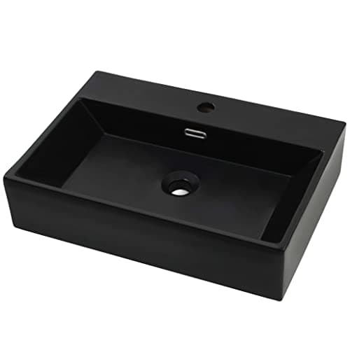 Image of vidaXL Premium Ceramic Basin in Black with Faucet Hole, Modern Design for Bathrooms/Washrooms/Cloakrooms, Easy to Clean, Installation Above Counter or Wall Mounted - Dimensions: 60.5x42.5x14.5 cm
