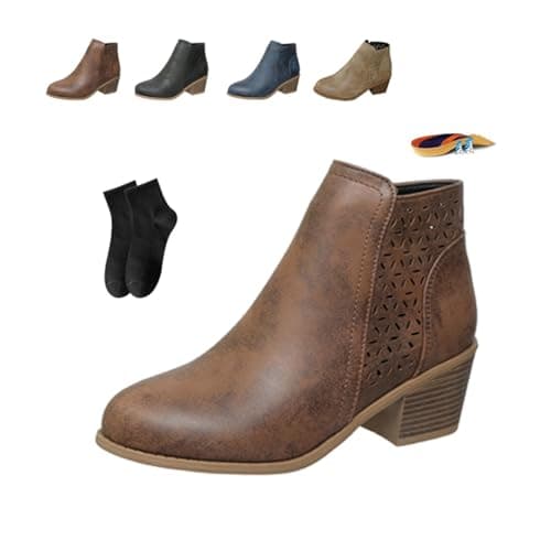 Image of Women's Chunky Mid-Heel Slip-On Leather Orthopaedic Ankle Boots, Fall Winter Low Heel Pointed Toe Arch Support Short Booties Side Zipper Lightweight Walking Boots (Brown,6)