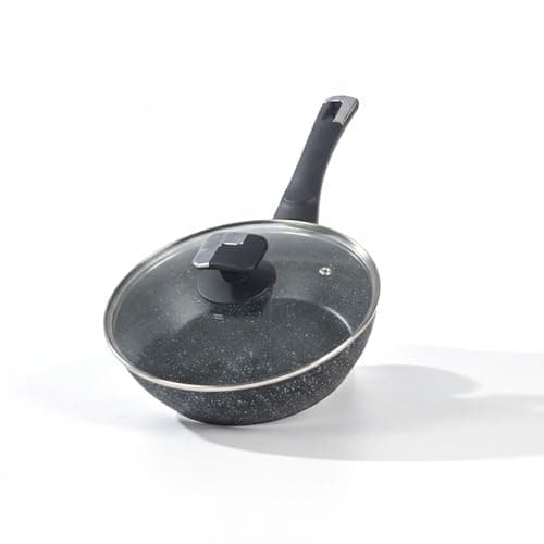 Image of HOUSZY Granite Deep Frying Pan with Lid 24cm – Non Stick, Non Toxic, Induction-Ready, Pan with Tempered Glass Lid & Heat-Resistant Handle for Everyday Cooking