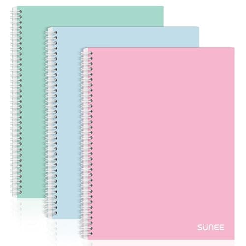Image of SUNEE A4 Notebook, Pack of 3 Notepads, Wirebound Notebooks, 80gsm Premium Paper, 100 Sheets / 200 Pages, 8mm Lined with Margin, 4-Hole Punched and Perforated Edge, Mint Green/Light Blue/Pink