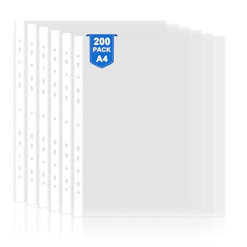 Image of FOSHISY 200 Pcs Punched Pockets A4 Clear 60 Micron Heavy Duty Plastic Wallet Sleeves, Top Opening Poly Pockets for Ring Binder Folders