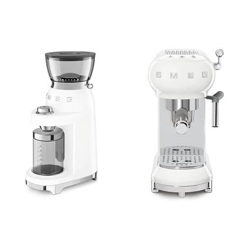 Image of Smeg 50s Style Espresso Coffee Machine and 50's Style Electric Coffee Grinder White ECF02WHUK / CGF03WHUK