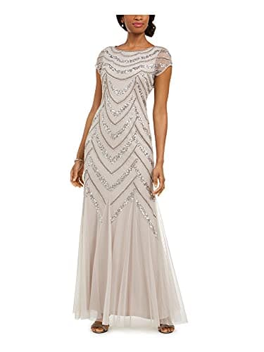 Image of Adrianna Papell Womens Gray Beaded Short Sleeve Scoop Neck Maxi Fit + Flare Formal Dress UK Size:14