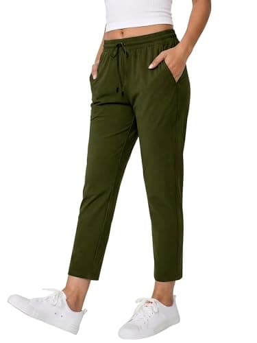 Image of KISSMODA Womens Joggers with Pockets 7/8 Ankle Length Stretch Sweatpants Casual Lounge Golf Pants Lightweight Running Sports Track Buttoms Trousers OliveGreen