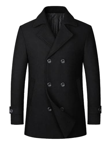 Image of Sukany Men's Casual Wool Blend Coat Jacket Warm Classic Double Breasted Notched Collar Pea Coat Black S