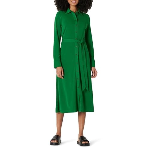 Image of Amazon Essentials Women's Regular Fit Long Sleeve Matte Jersey Collared Smart Midi Shirt Dress, Emerald Green, M