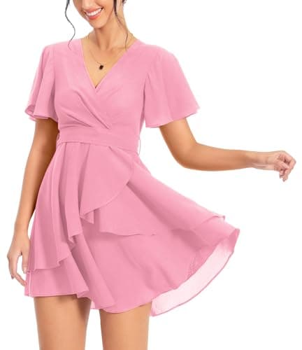 Image of PCEAIIH Women's Cocktail Dresses Short Sleeve Empire Skater Dress Deep V-Neck Waist Tie Ruffle Mini Swing Dresses M Pink
