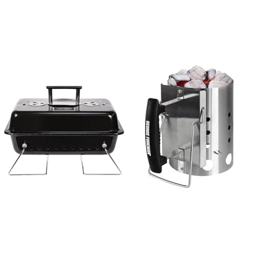 Image of George Foreman On-The-Go Portable Charcoal BBQ, Sturdy Foldable Legs, Convenient Handle, Lightweight & Quick-Fire Compact Chimney BBQ Starter, 14cm Diameter, Portable Barbecue