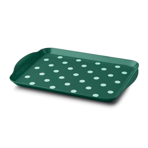Image of Zeal Melamine Food Serving Tray with Handles and Lipped Edges, Dotty Polka Dot Serving Lap Tray 30 x 21cm, Forest Green
