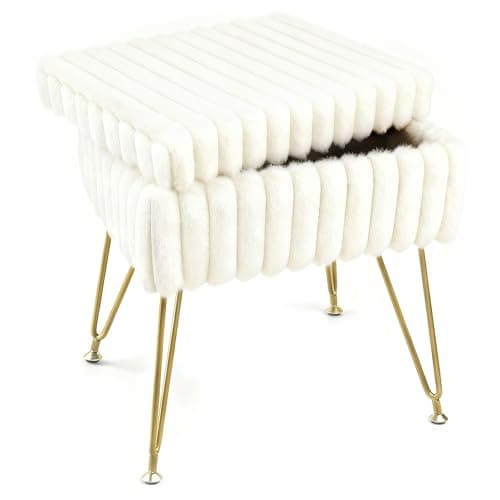 Image of xupersodys Vanity Stool Chair with Storage, Faux Fur Soft Padded Ottoman with Coffee Table, Modern Vanity Chair Fluffy Footstool with Metal Legs for Makeup, Living Room,Bedroom White