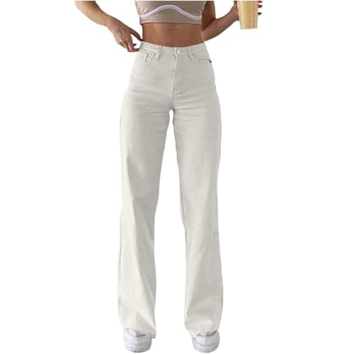 Image of HAOLEI Jeans for Women Petite Slim Fit Stretch Essentials Jeans Bootcut Flared Jeans High Waist Straight Leg Joggers Regular Fit Workout Spring Fall Work Pants Boyfriend Denim Trousers Ladies White