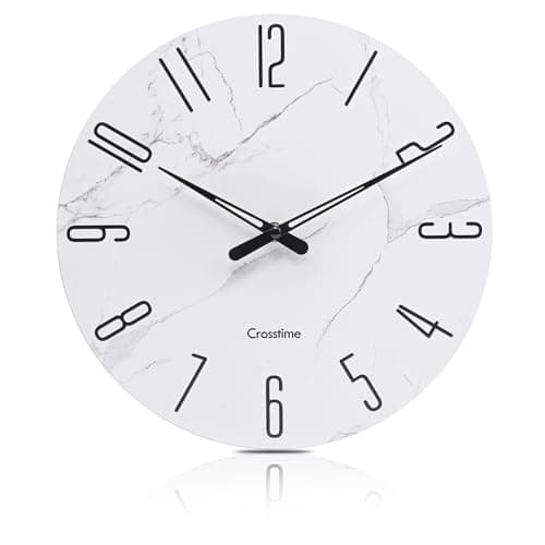 Image of Crosstime 30cm Wall Clock White Faux Marble Pattern - Silent Non-Ticking Waterproof Tempered Glass, Modern Farmhouse Decor for Kitchen, Bathroom, Living Room
