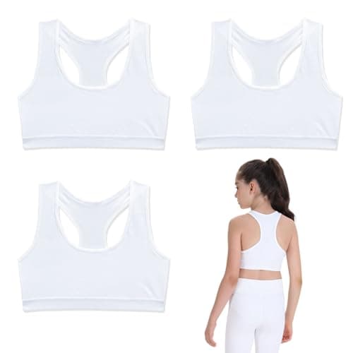 Image of FUIPVGI 3 Pack Crop Tops for Girls, Soft Cotton Sports Bra, Non Padded Training Bra for Kids 8-14 Years (White)