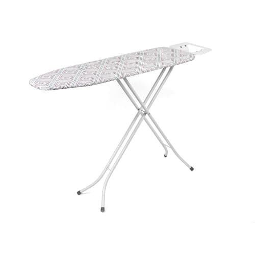 Image of Kleeneze Collapsible Ironing Board – Large Ironing Table, Adjustable Height, Anti-Slip Feet, 100% Cotton Cover, Lightweight & Compact Storage, Iron Rest, Left/Right-Handed, 114 x 34cm, Diamond Stripe