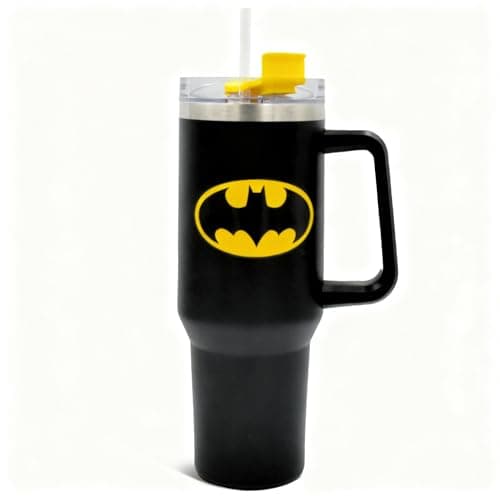 Image of Batman 1200ml Insulated Stainless Steel Tumbler + Handle and Straw – Official DC Comics Travel Mug - Double‑Walled Vacuum Flask for Work, School, Gym & More - Cold 17Hrs or Hot 5Hrs