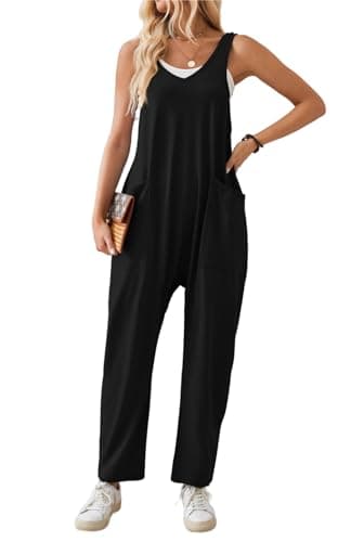 Image of SotRong Black Jumpsuits for Women Uk Summer Casual Slouchy Playsuits Baggy Loose Overalls Sleeveless V Neck Tank Rompers with Pocket S