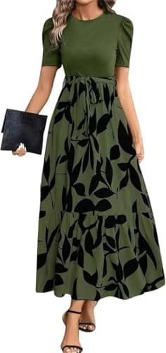 Image of Yinguo My Orders, Shirt Dress,Summer Dresses for Women UK 2025 Elegant Boho Vacation Floral Tie Belted Patchwork Empire Waist Short Sleeve Modest Elegant Beach Flowy Maxi Dress