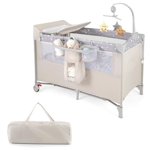 Image of COSTWAY 5 in 1 Travel Cot, Folding Baby Playard with Bassinet, Mattress, Music Box, Hanging Toys, Storage Rack and Carry Bag, Lightweight Crib Suitable from Birth to 15kg (Beige)