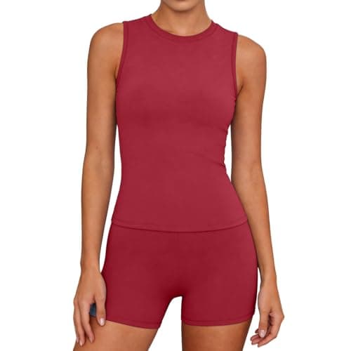 Image of Gym Sets for Women 2 Piece Spring Summer Yoag Workout Outfits Sleeveless Crewneck Tank Top High Waisted Biker Shorts Slim Fit Athletic Tracksuits Fitness Exercise Activewear