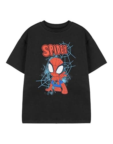Image of Marvel Spiderman Black Boys T-Shirt | Spidey Webs Graphic Short Sleeved Tee for Kids | Spider-Man Superhero Cartoon Apparel | Officially Licensed Merchandise