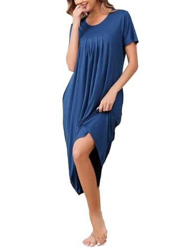 Image of Vlazom Women's Long Nightgown Pleated Casual Nightdress Short Sleeve Soft Nighties Nightwear with Pockets,Cobalt Blue,L