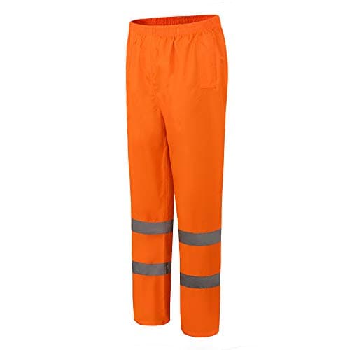 Image of AYKRM Hi Viz 2 Band Reflective Tape Waterproof Rain Hi Vis Safety Over Trouser Work Elasticated Waistband Bottoms Workwear Pants High Visibility Pants Trousers (Orange, L)