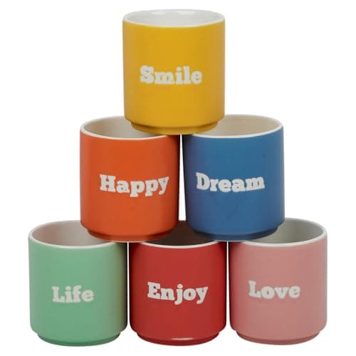 Image of URBN-CHEF Set of 6 Large 180ml Assorted Colour Porcelain Tea & Coffee Mugs – Handless Cups with Positive Text, Dishwasher & Microwave Safe