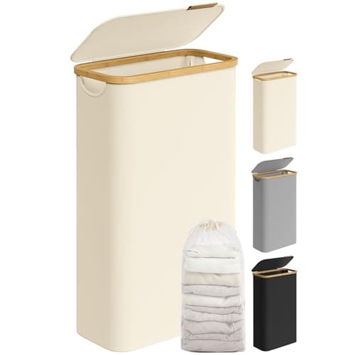 Image of SONGMICS Laundry Basket with Lid, Slim Laundry Hamper, 65L, Space-Saving, Removable Mesh Liner, Oxford Fabric, Bamboo Handles, Collapsible, 42 x 22.5 x 70.5 cm, Cream White LCB506W01