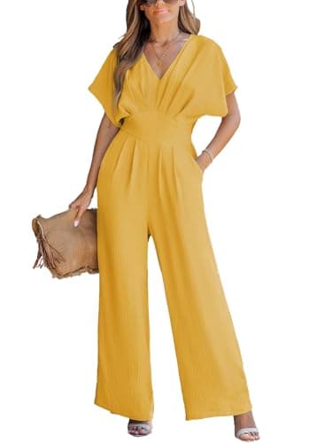 Image of CUPSHE Womens Summer Jumpsuit V-Neck Short Dolman Sleeve Overall Wide Leg Long Playsuit Casual Holiday Outfits Yellow L